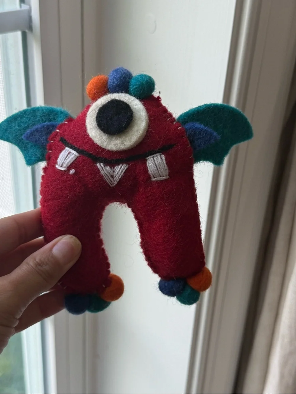 Handmade MUNCH Monster Tooth Fairy Pillow Red Plush with Wings